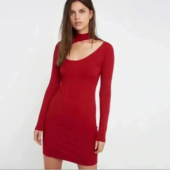 NWT Urban Outfitters Cut-Out Mock-Neck Ribbed Mini Dress in Red - Picture 1 of 6